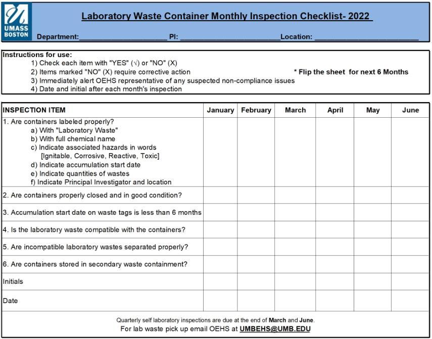 Laboratory Waste Container Monthly Inspection Checklist with short instructions for use and and table cell checklist by month for inspection item