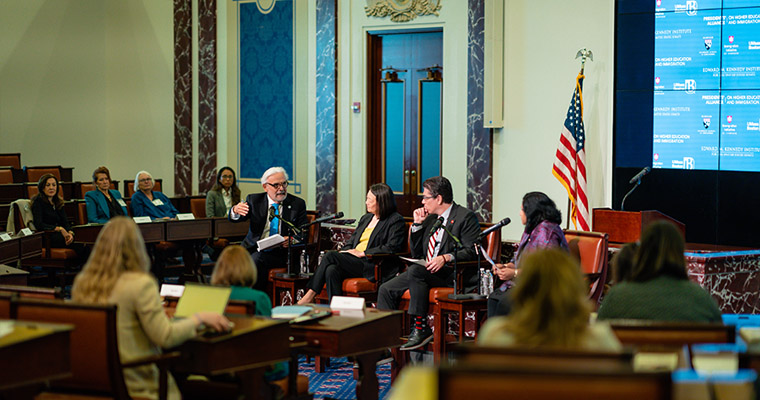 Suárez-Orozco, BHCC President Pam Eddinger, UMass Amherst Chancellor Javier Reyes, and World Education Services CEO Esther Benjamin. 