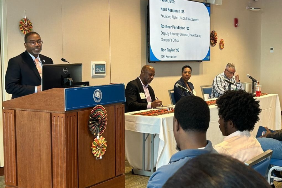 Alumni panelists sitting at a table
