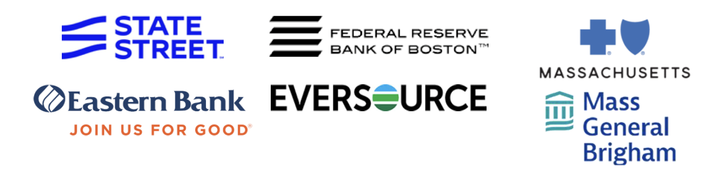 collaborative leadership partner logos include: State Street Bank, Federal Reserve, Bank of Boston, Blue Cross Blue Shield of MA, Eversource, Eastern Bank, Mass General Brigham