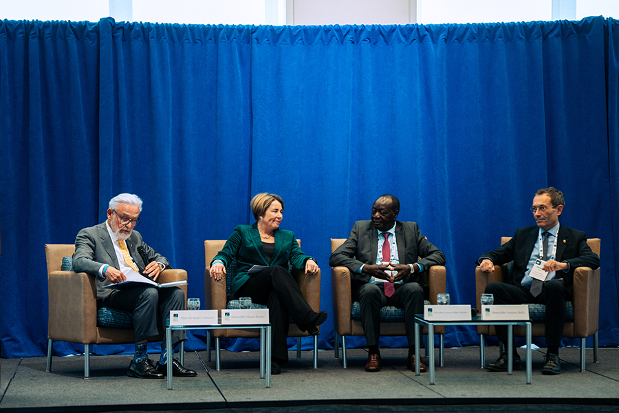 Chancellor Suárez-Orozco with Governor Maura Healey, Governor Wilbur Ottichilo of Vihiga County, Kenya, and Gustavo Beliz of Argentina