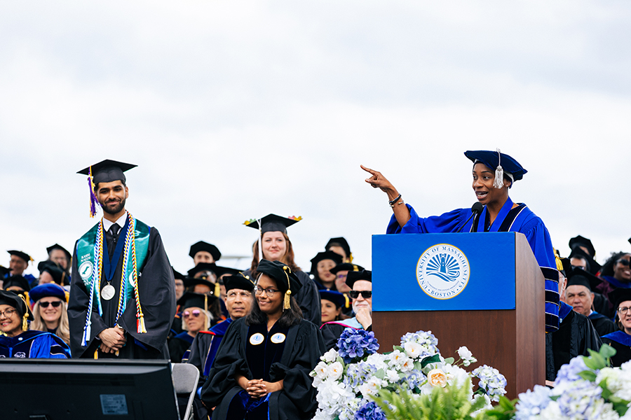 Andrea Campbell speaks at commencement