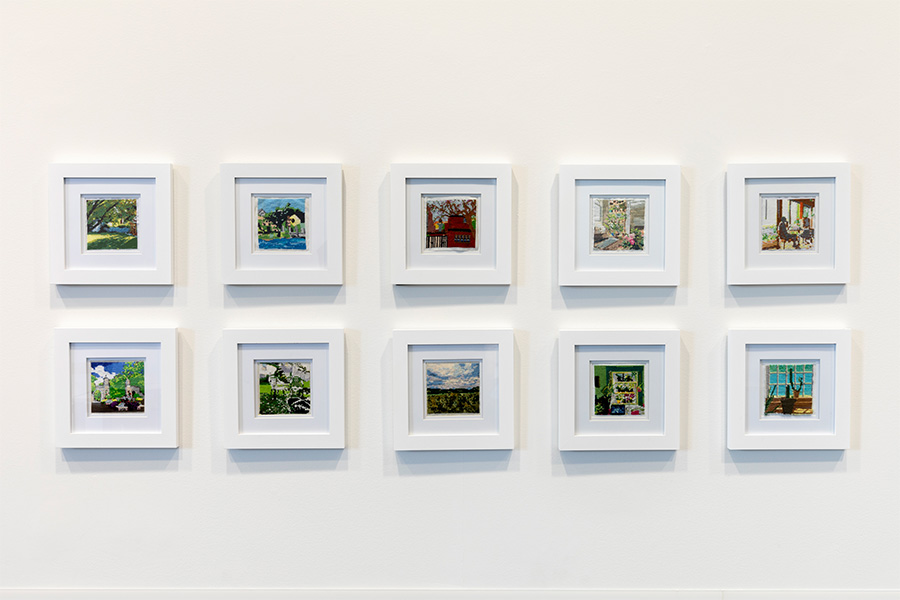 Cat Mazza Network exhibition, knit, cross-stitch art piece framed