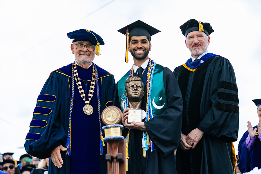 JFK Winner Basim Naeem with chancellor and provost