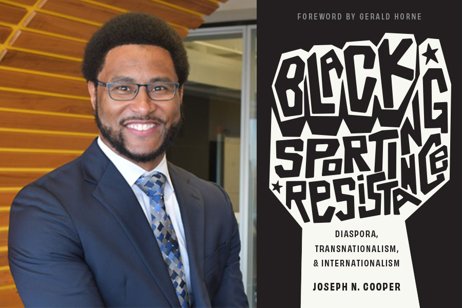 Headshot of professor Joseph Cooper next to his new book titled Black Sporting Resistance: Dispora, transnationalism, and internationalism